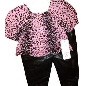 LemonXkiss Pink Leopard Print Top and Black Pants Set